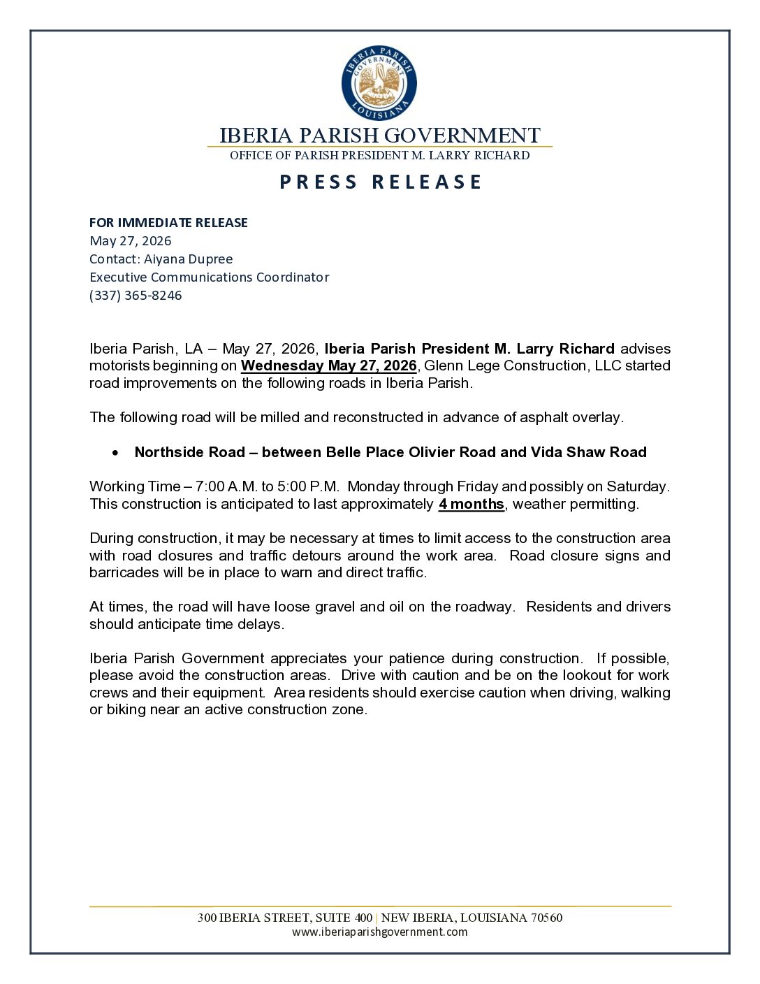 Northside Rd – PRESS RELEASE