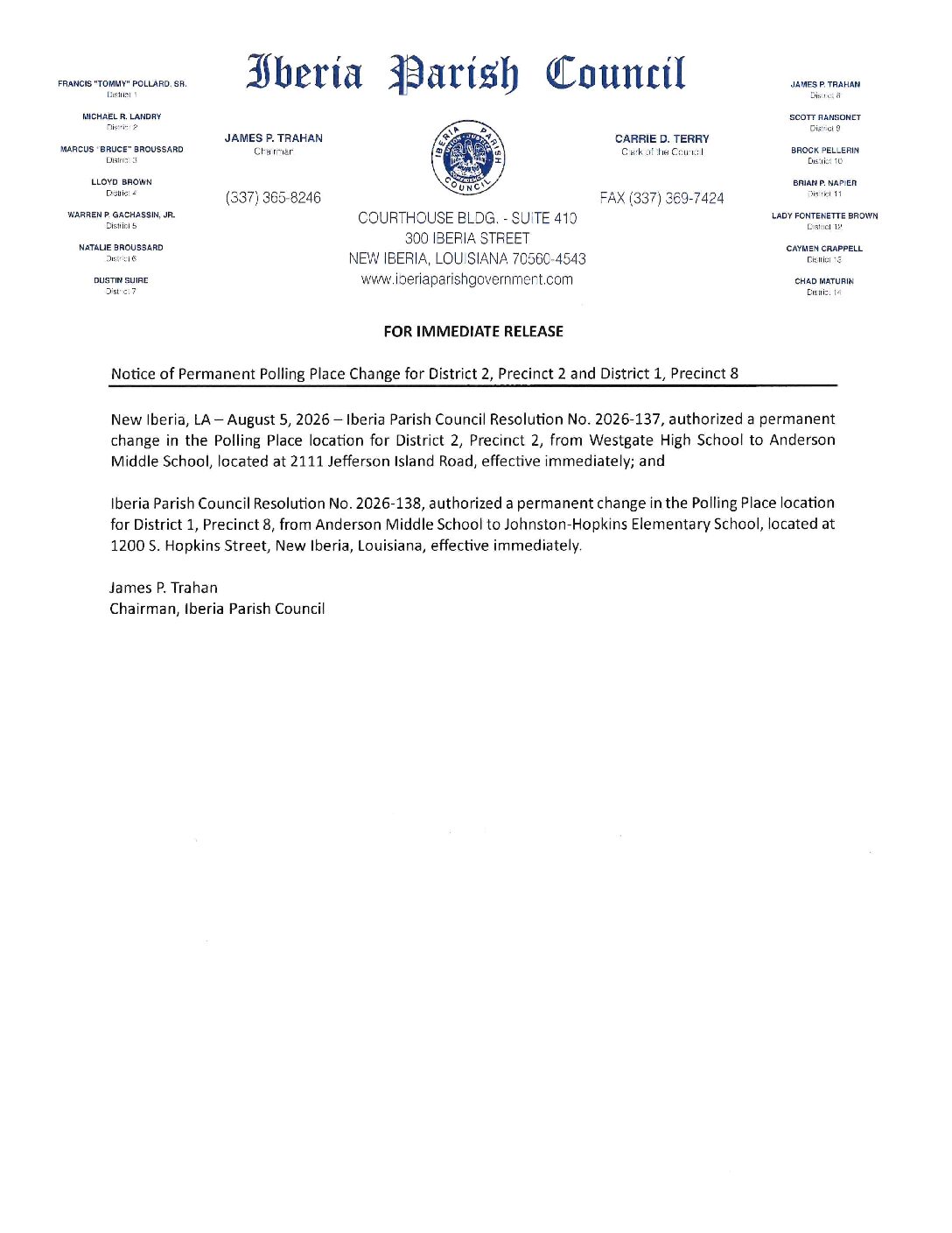 Notice of Polling Place Change – August 5, 2026 – Facebook & Website
