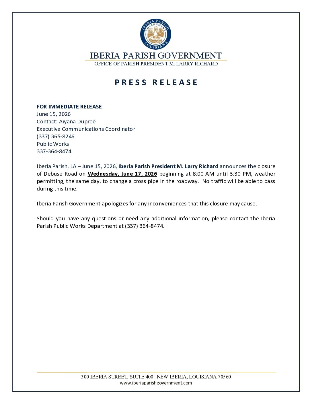 Press Release – Debuse Road 6-15-2026