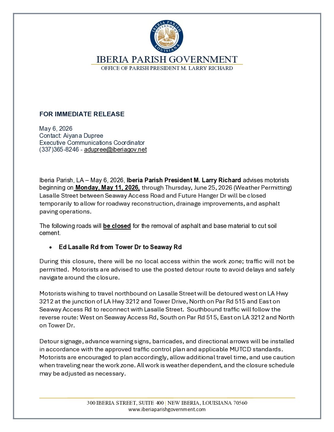 Press Release – Ed Lasalle and Seaway Access Rd (1)