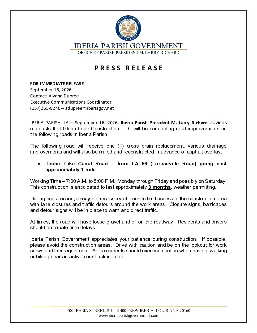Press Release. Teche Lake Canal Rd