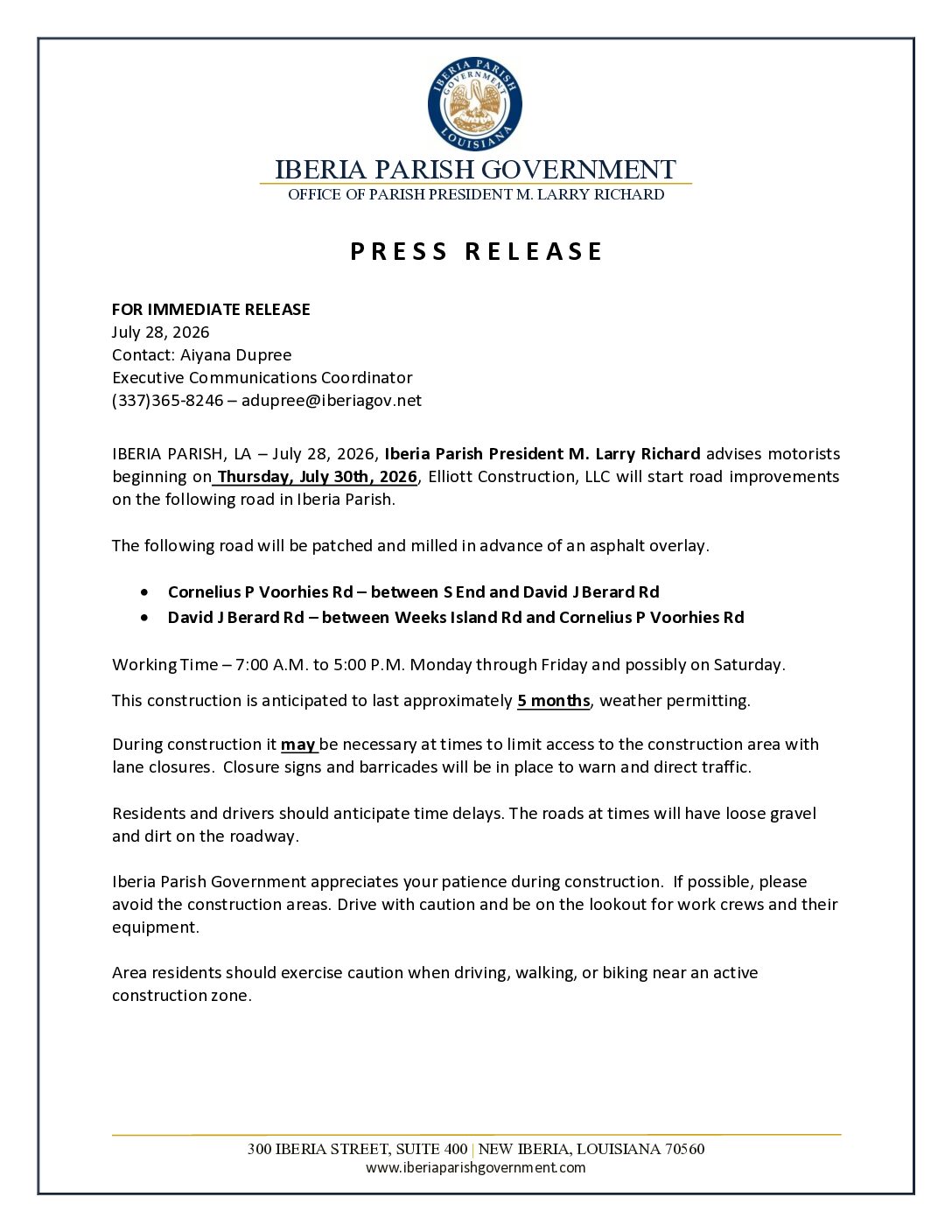 Press Release.David J. Berard Rd & Cornelius P. Voorhies Rd
