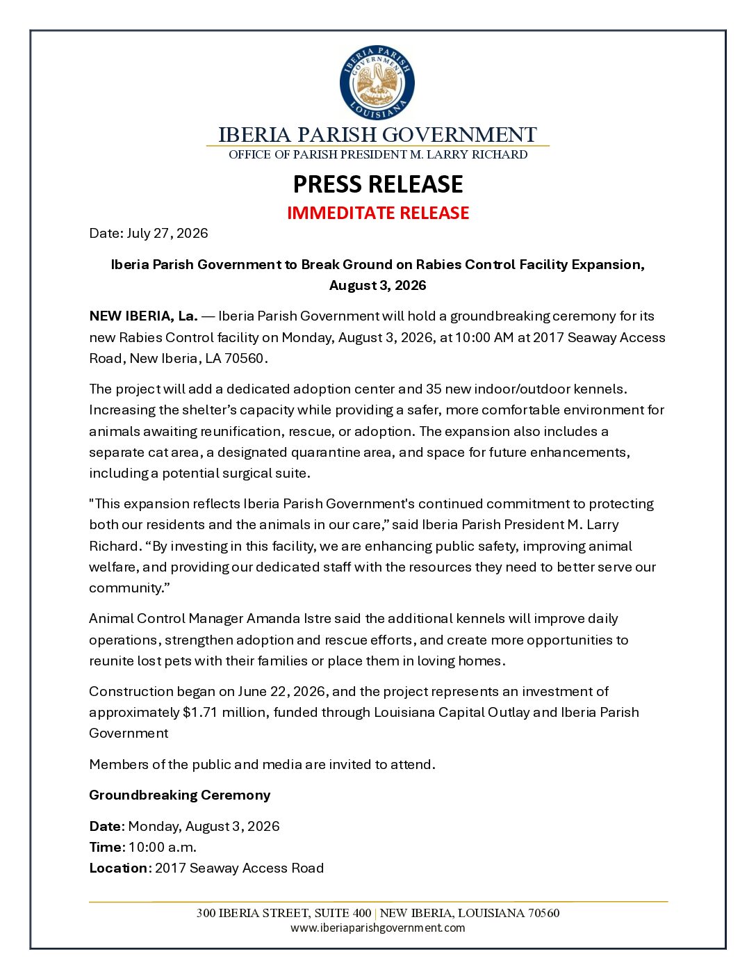 Press Release.Groundbreaking Rabies Control Facility